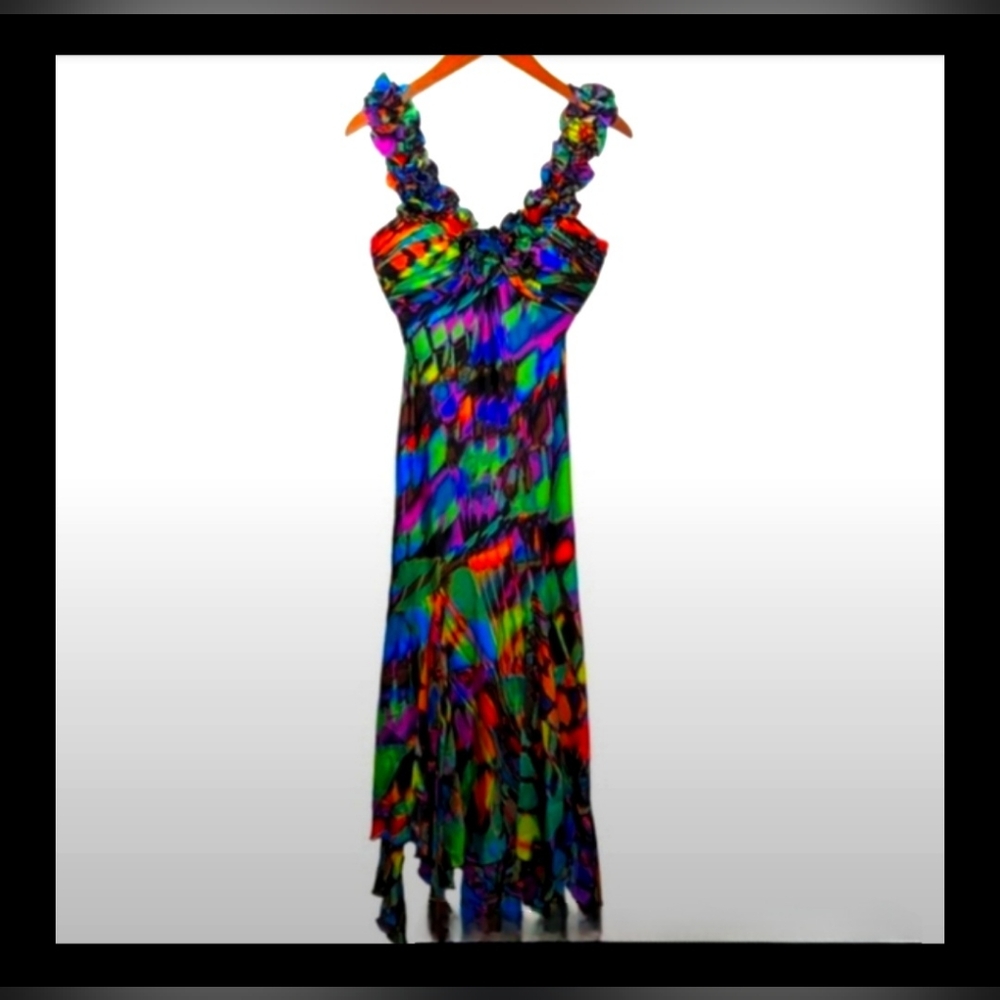 S&L Fashions Multicolor Ruffle Strap Handkerchief Hem Midi Dress Size 6